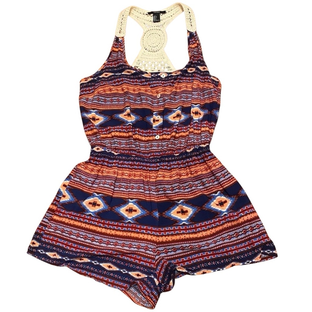Forever 21 Printed Button Up Romper with Crochet Detail